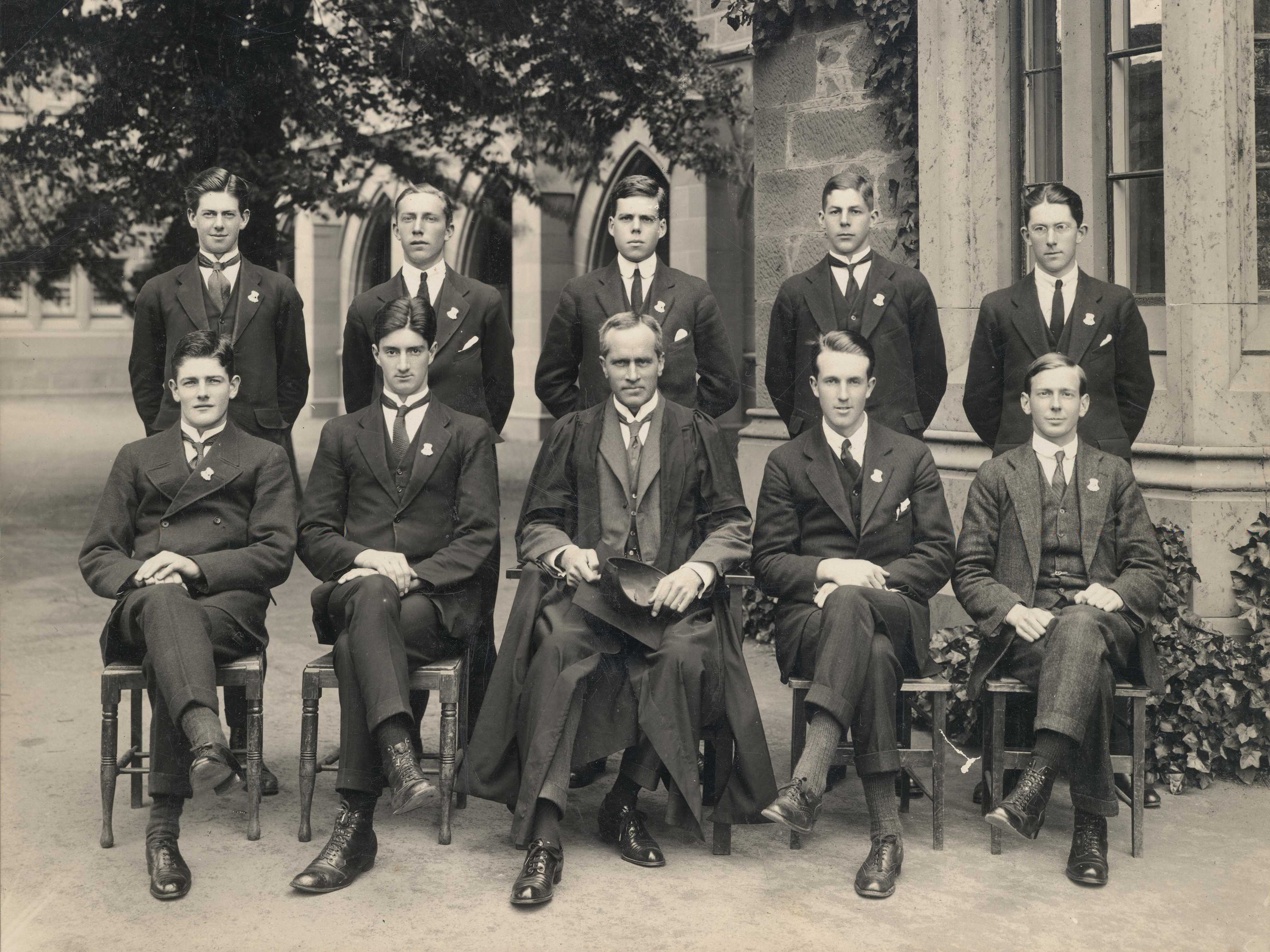 Headmaster and Prefects, 1921. (Standing L–R) G C Burbury, N J Kellaway, J D L Hood, R H W Hamilton, H L White. (Seated L–R) K C Douglas, J V Burbury (Senior Prefect), Headmaster C C Thorold, D C Mackay, K B Armstrong.
