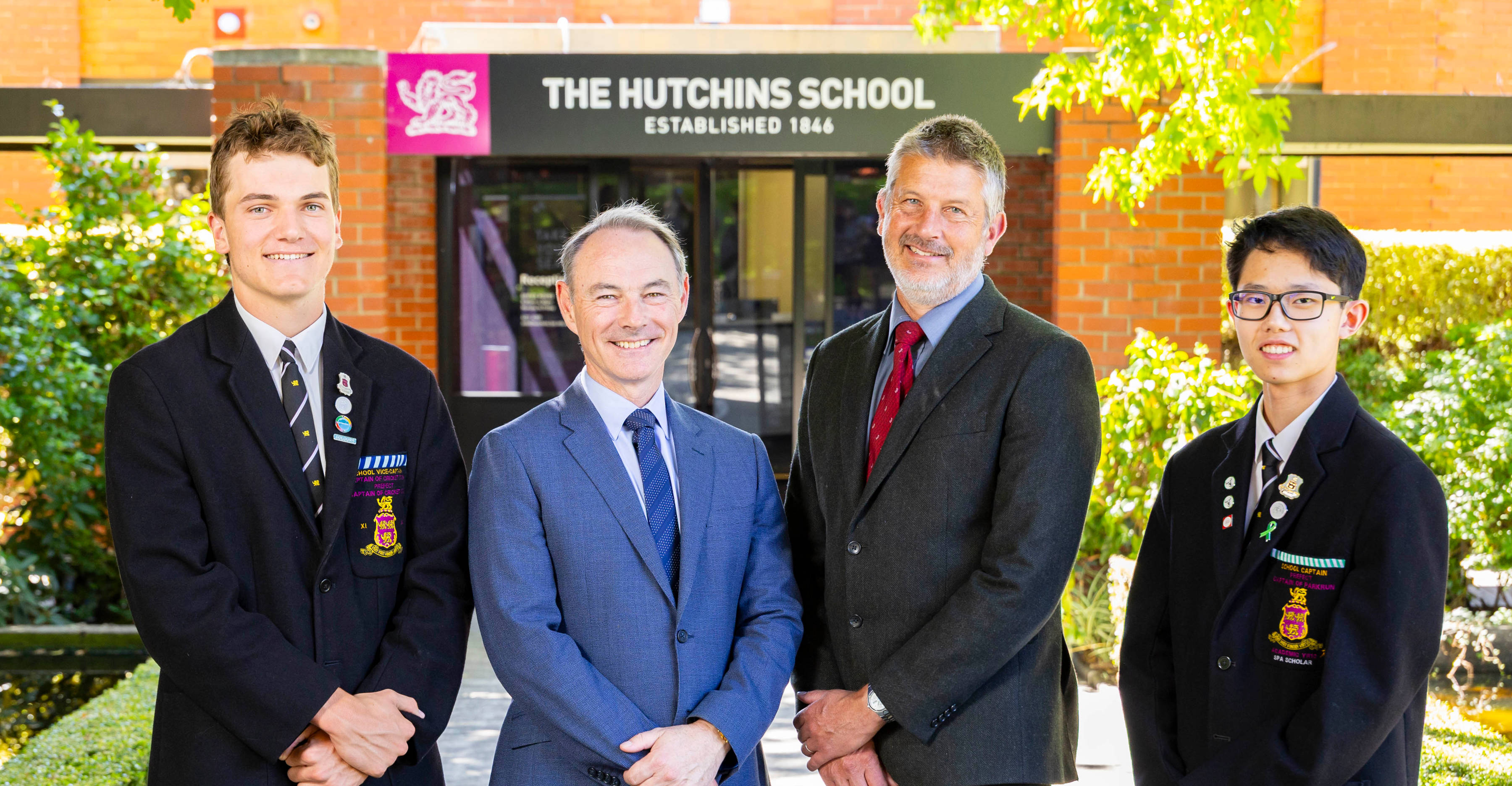 (L–R) School Vice-Captain Joseph Groom, Principal Dr Rob McEwan, Deputy Principal Mr Ken Kingston and School Captain Yuning (Kevin) Shen (2025).