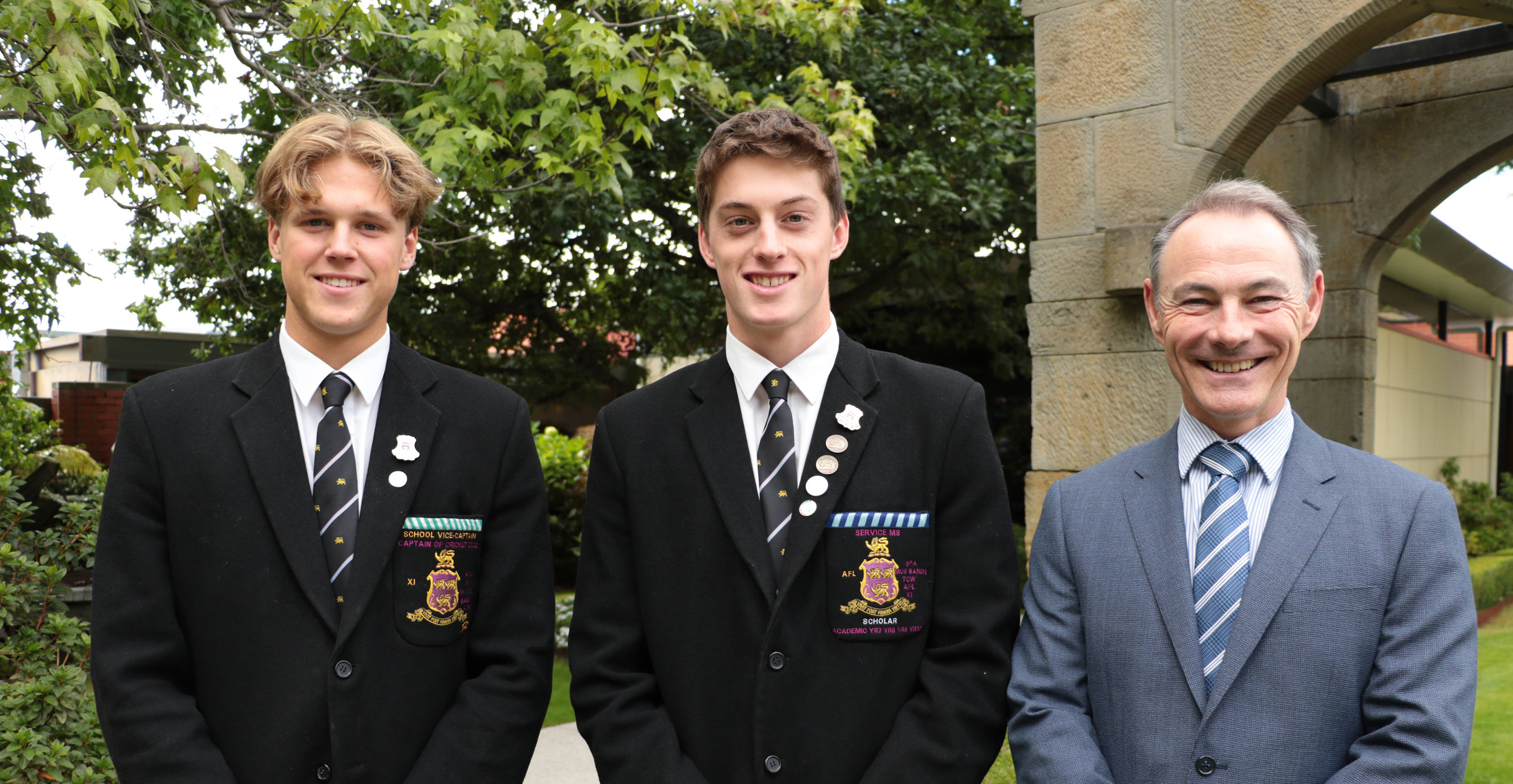 (L–R) School Vice-Captain, Louis Smith, School Captain, Joshua Curtis, and Principal, Dr Rob McEwan (2023). Photographer: Joshua Lamont.