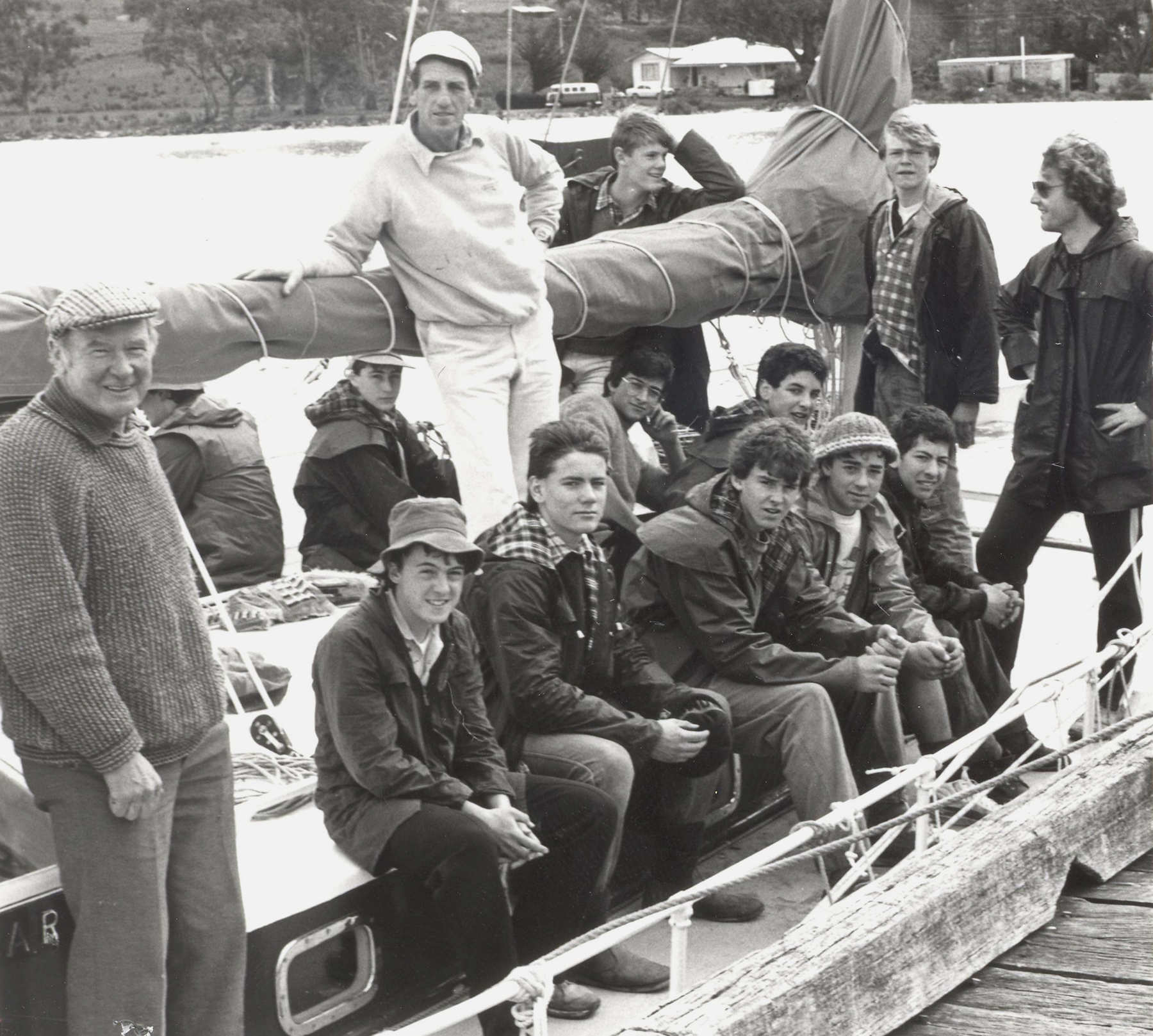 Mr Hay and Year 10 campers sailing, 1986.