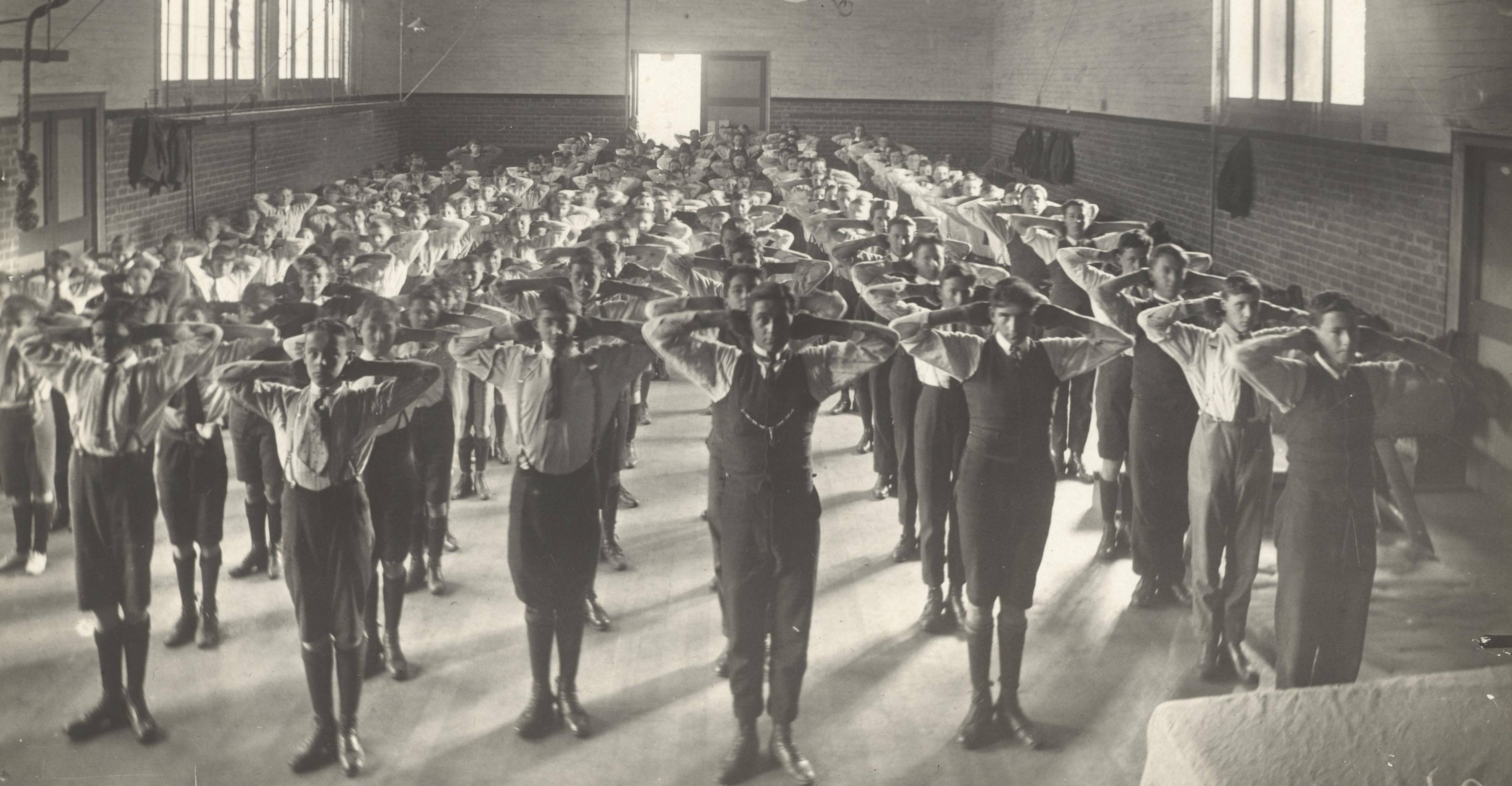 Drill in gymnasium with C A S Viney, 1918