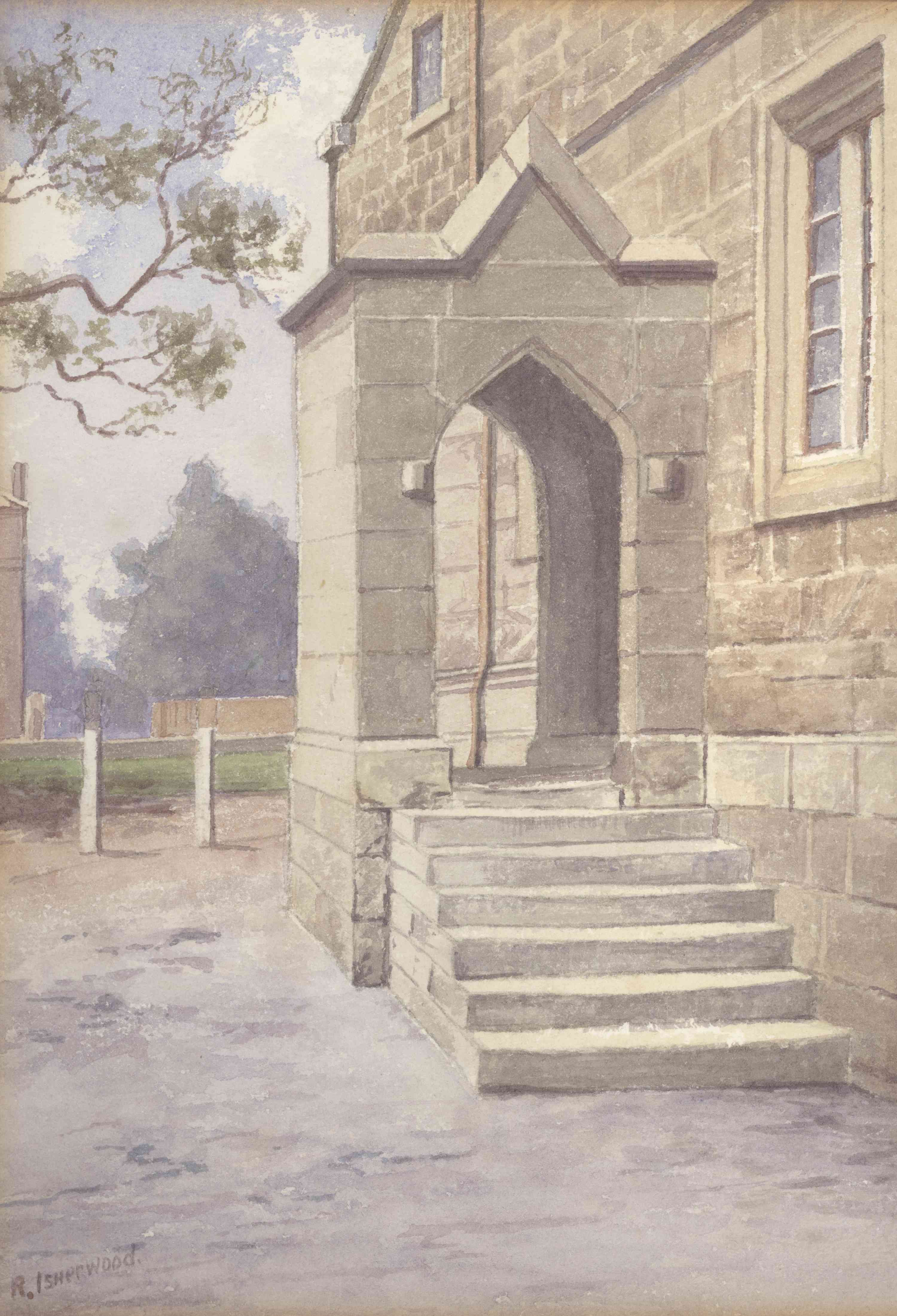 The bell tower, watercolour by R H Isherwood, 1922.