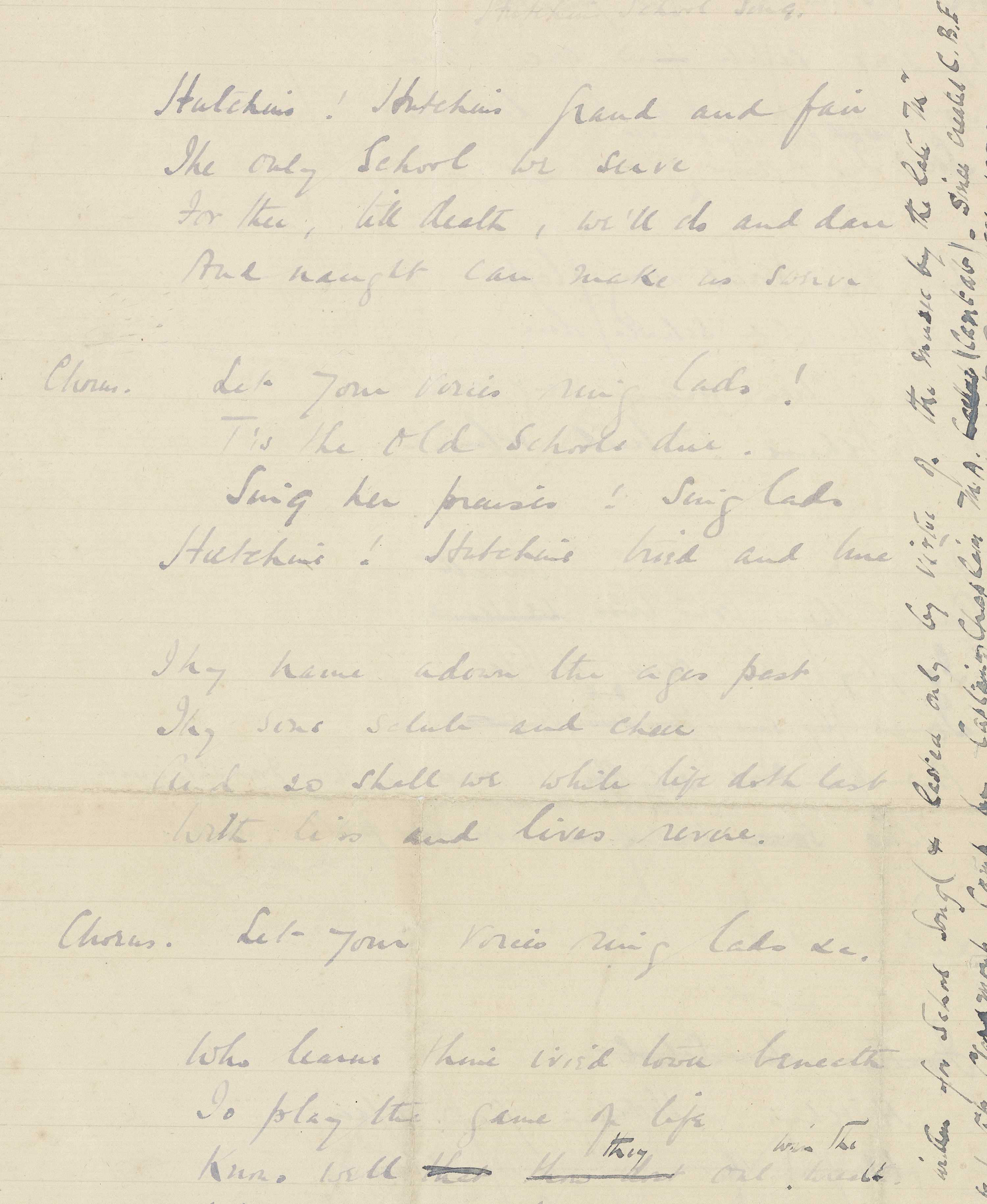 School Song original manuscript by J W Bethune, 1916.
