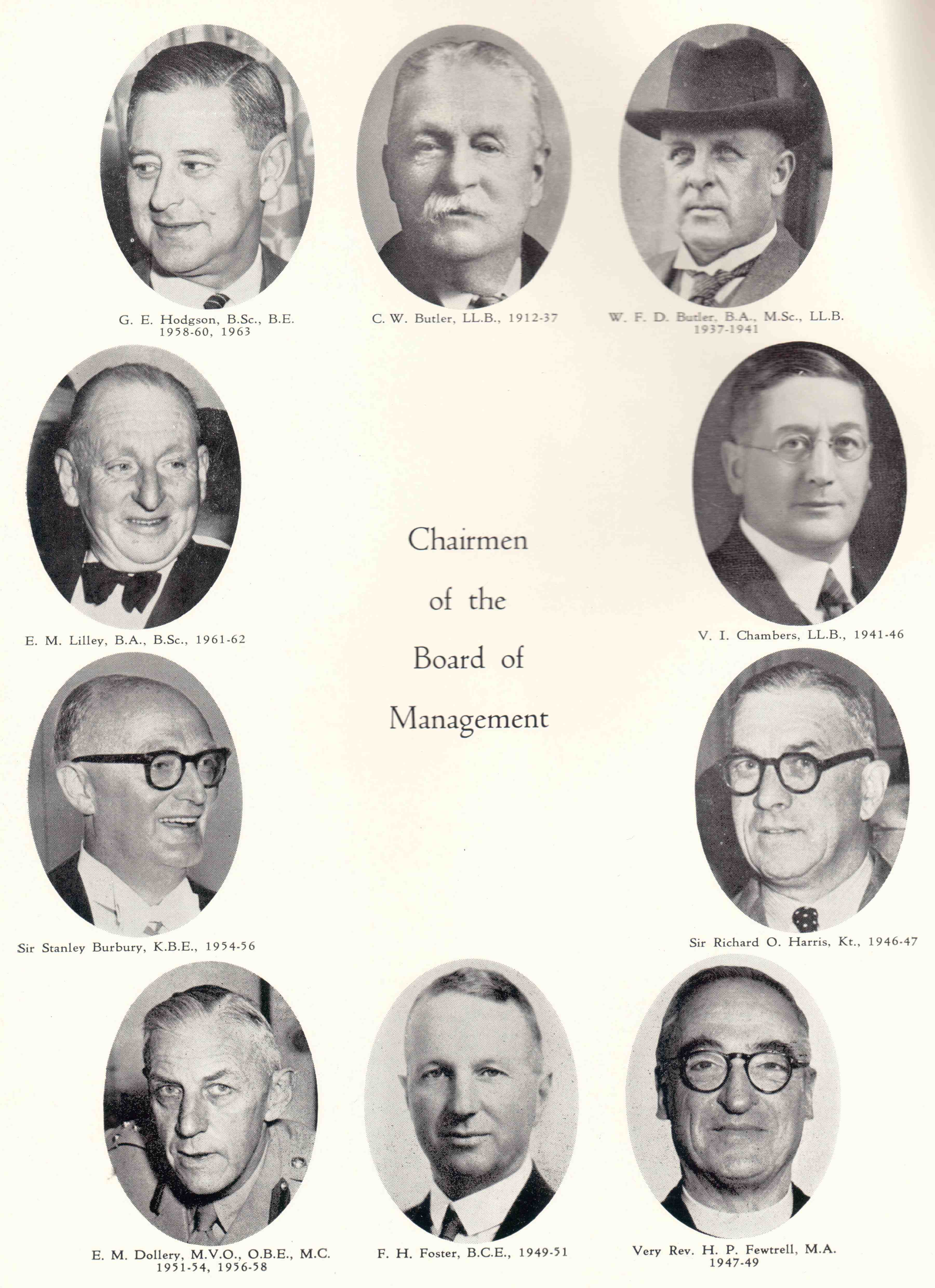 Chairmen of Board, 1912–63 (C W Butler top row, centre).