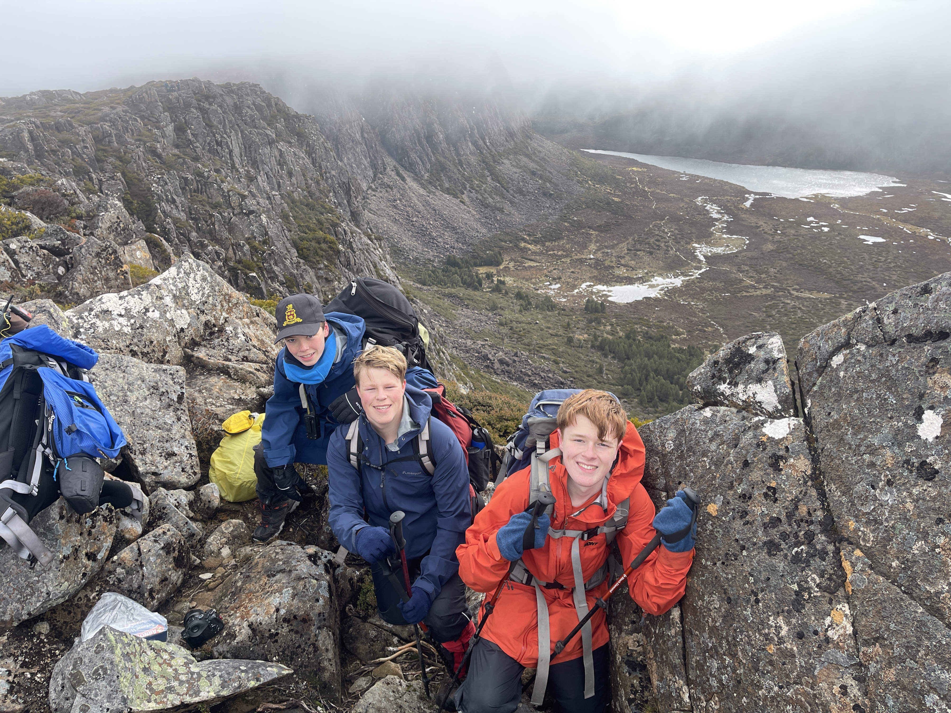 Hutchins students hiking on a mountain trail.